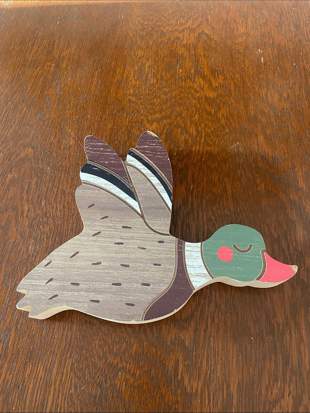 Decorative Wooden Flying Duck Wall Accent — Green and brown